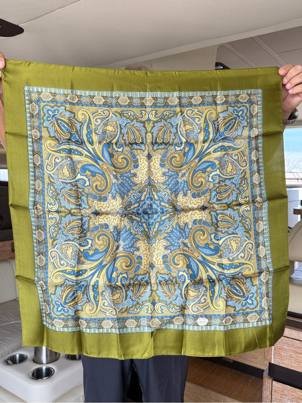 Liberty of London VintaOlive Green Paisley Scarf with Blue and Gold Accents